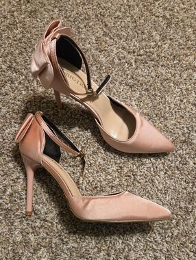 Bigtree Pink Satin Ankle Strap Bow Back Heel